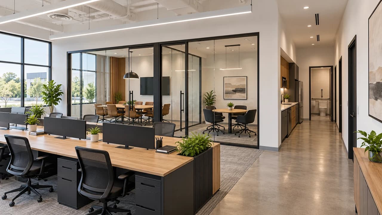Commercial interior visualization with coordinated partitions, lighting, work areas, and finished surfaces.