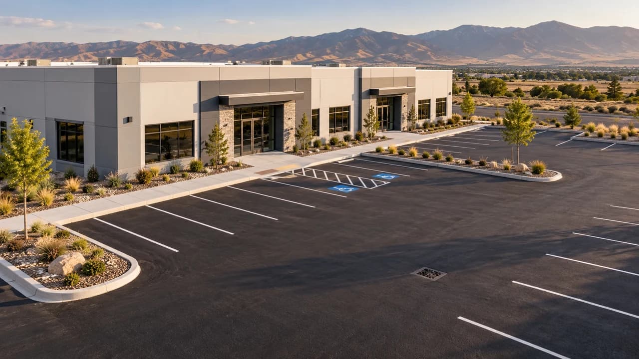 Commercial site visualization with coordinated paving, parking, landscaping, and building access.