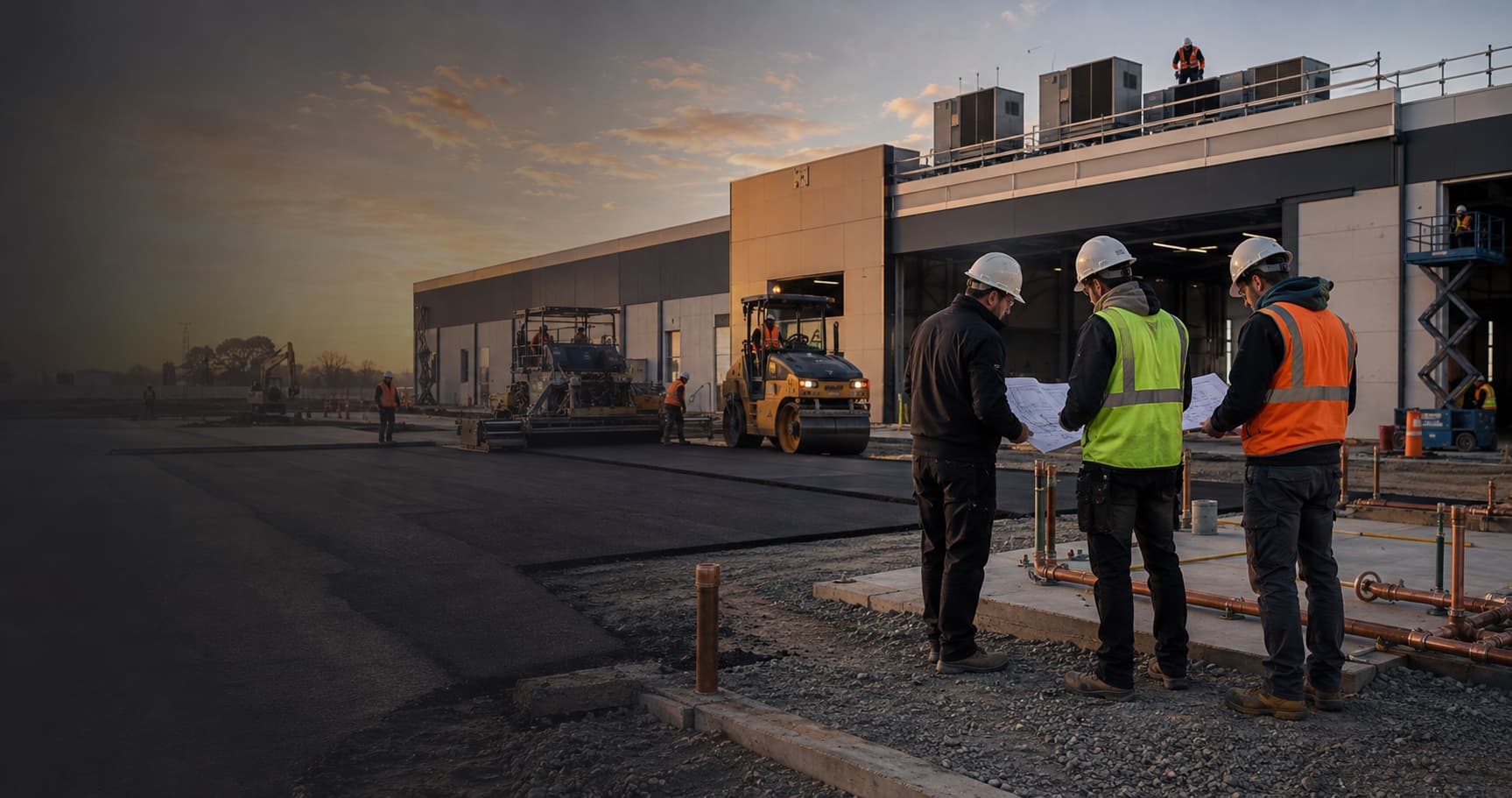 A coordinated Mafi Enterprises project with asphalt, mechanical, and plumbing trades working on one commercial site