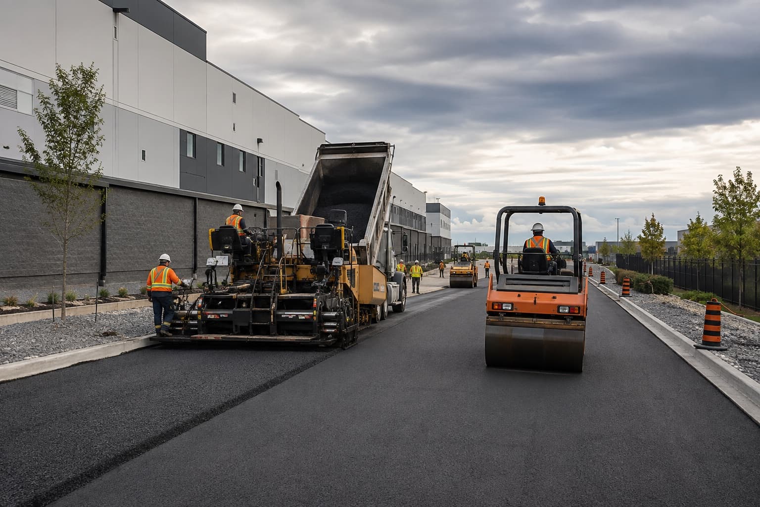 Asphalt paving and compaction on a commercial parking lot