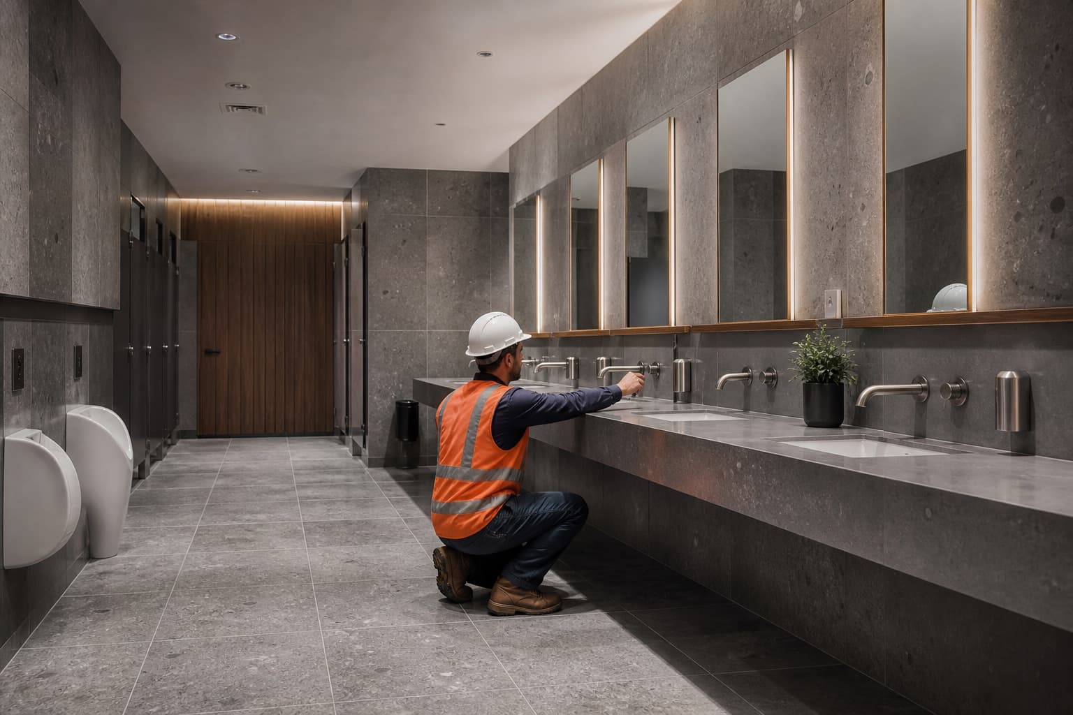 Commercial plumbing fixtures and finished restroom installation