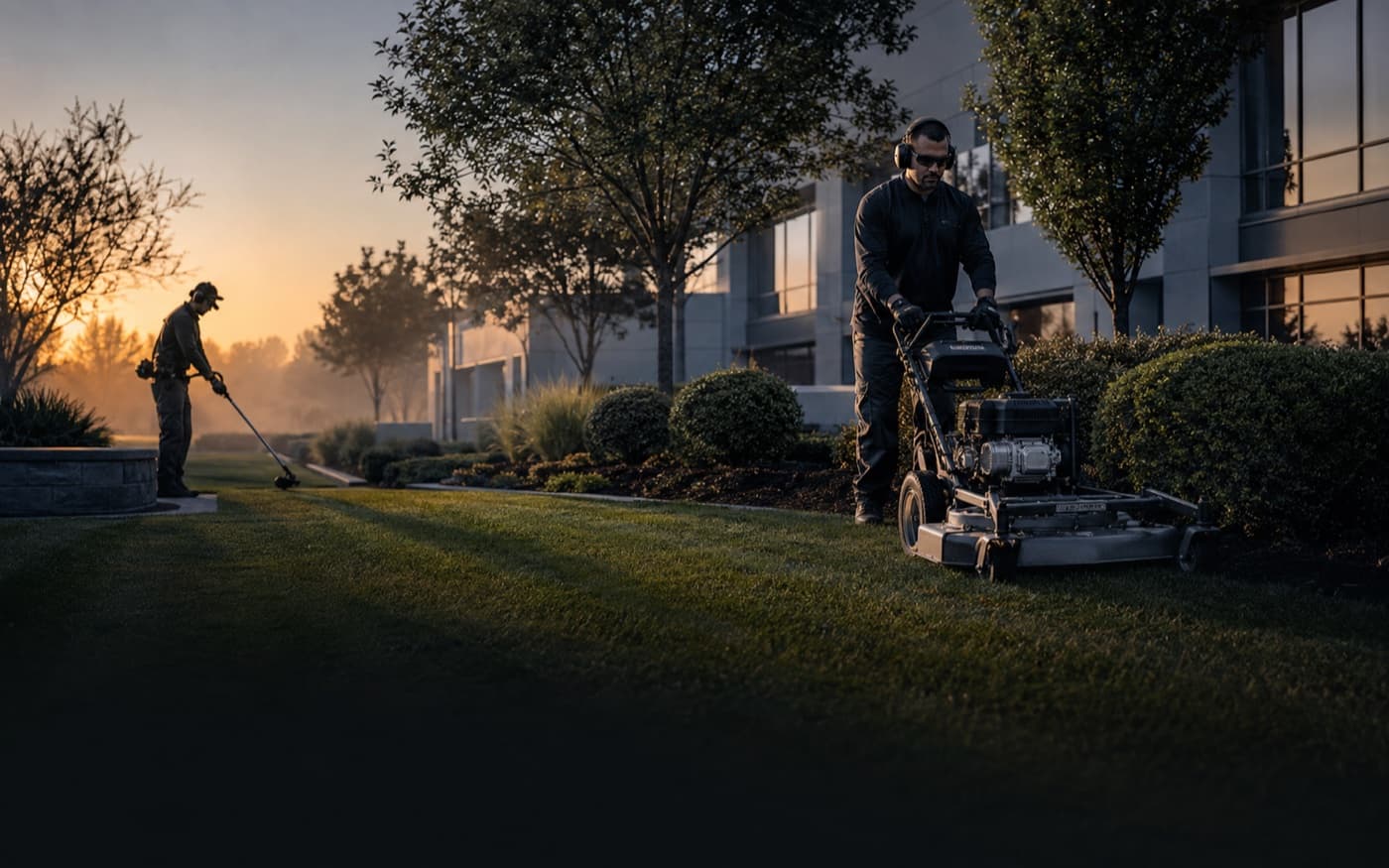Maintained commercial grounds, planting, and exterior pathways